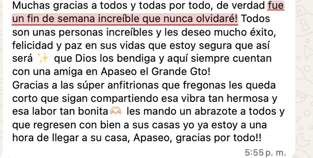 Mensaje de un participante: fue un fin de semana increíble que nunca olvidaré